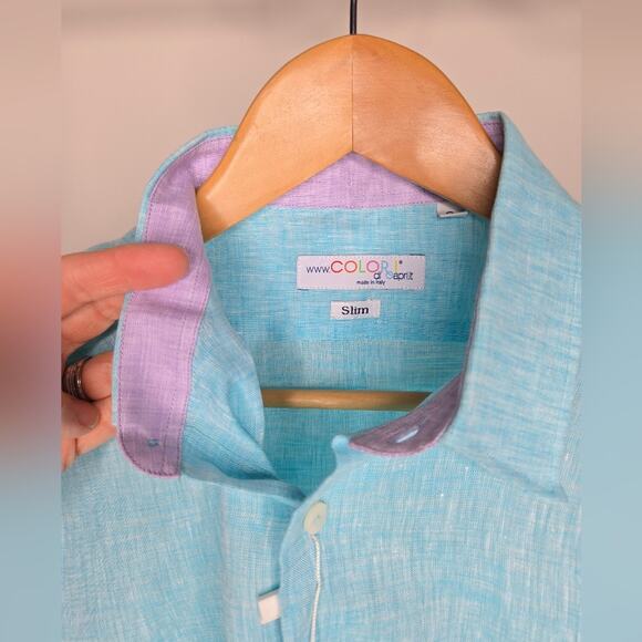 COLORI de Capri Collared Turquoise Button Up Slimfit Longsleeve Linen Small - Picture 3 of 7
